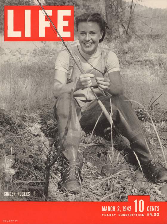 LIFE cover 03-02-1942 Actress Ginger Rogers geared up w. a pole and hip waders for fly fishing somewhere on her 1,000 acre ranch.